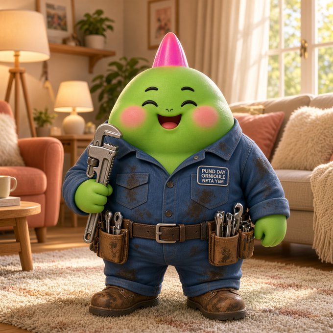 A 3D-rendered green character with a pink horn, wearing dirty blue work overalls and a toolbelt, stands smiling in a cozy domestic room.