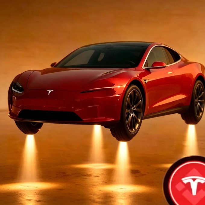 A red Tesla vehicle is shown suspended in the air with glowing thruster-like lights beneath it against a warm orange background, visually illustrating the post's reference to "Tesla can fly," accompanied by the Tesla logo in the corner and contract/Telegram details.