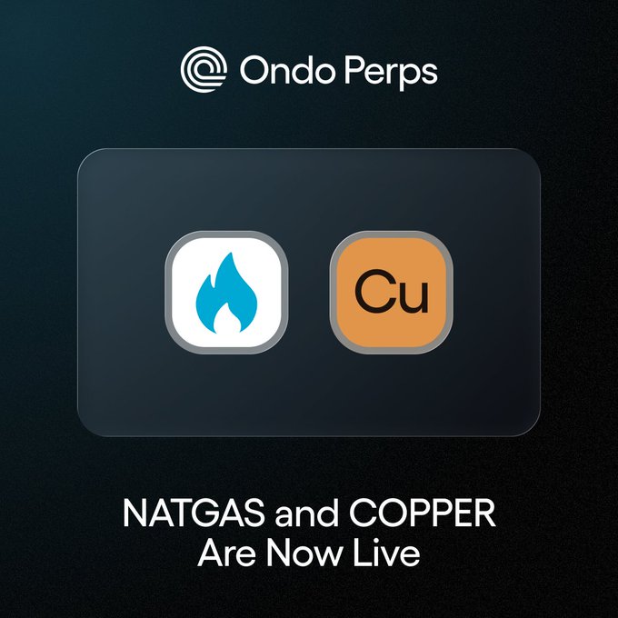 Ondo Perps promotional graphic announcing that NATGAS and COPPER perpetual futures are now live, with icons for each commodity.