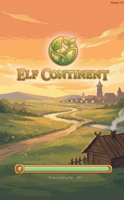 The image features a poster for a video game called "Elf Continent". The poster displays an illustration of a village with a river running through it, surrounded by trees and buildings. The title of the game is prominently displayed at the top of the poster in large letters. Below this, there's a small text box that reads "downloaded file" followed by the download link or code for the game.