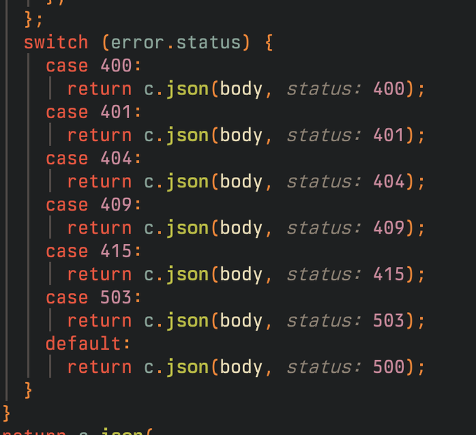 Code snippet showing a switch statement handling HTTP error statuses (400, 401, 404, 409, 415, 503) with a default case of 500, returning JSON responses with Hono's c.json().