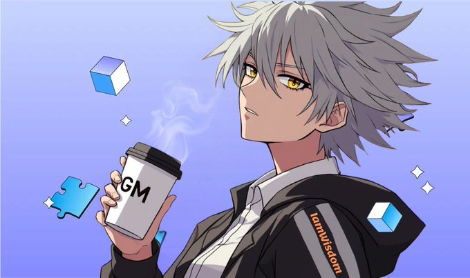 An anime-style illustration of a silver-haired character holding a coffee cup labeled 'GM', featuring puzzle pieces and a hexagonal logo with the text 'immunespace'.