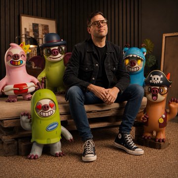 A man wearing glasses, a denim jacket, and Converse sneakers sits on a wooden bench surrounded by five large, colorful, character-like statues including a pink rabbit, a green figure, and a brown bear.