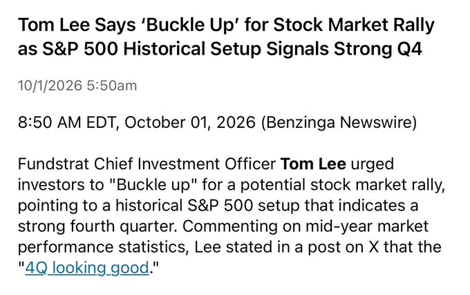 A screenshot of a news headline dated October 1, 2026, featuring Fundstrat CIO Tom Lee urging investors to "Buckle up" for a Q4 stock market rally, with an underlying post questioning whether he has retracted his prior drawdown warnings about the S&P 500 ($SPX).