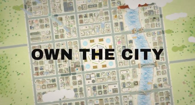 A colorful overhead city map graphic with large bold text across the center reading “OWN THE CITY.”