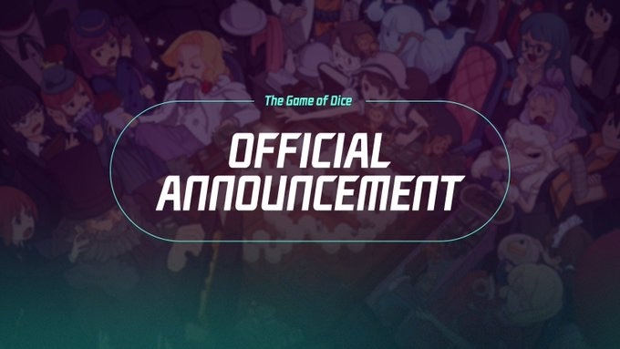 The image is a stylized "Official Announcement" banner for "The Game of Dice," featuring various anime-style characters in the background with teal and purple tones. It visually supports the post's announcement about an upcoming Korea-only Superboard quest collaboration and rewards event.