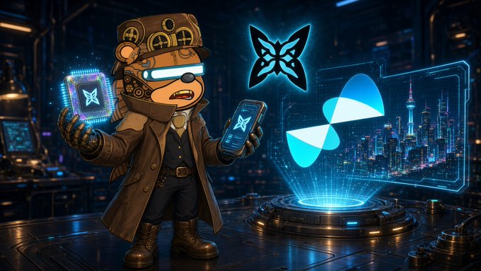 A digital illustration of a steampunk-style bear character in goggles and a top hat holding holographic devices, with glowing butterfly icons and a city skyline background.