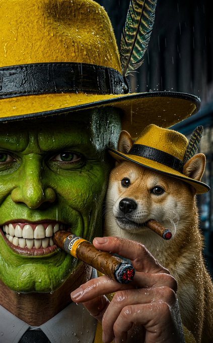 A stylized digital artwork of the Shrek character wearing a yellow hat and smoking a cigar in the rain, accompanied by a Shiba Inu dog also wearing a matching yellow hat.