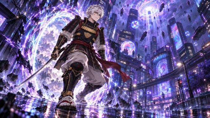 An anime-style illustration of a white-haired warrior in samurai armor wielding a sword, standing amidst glowing purple portals and futuristic city architecture.