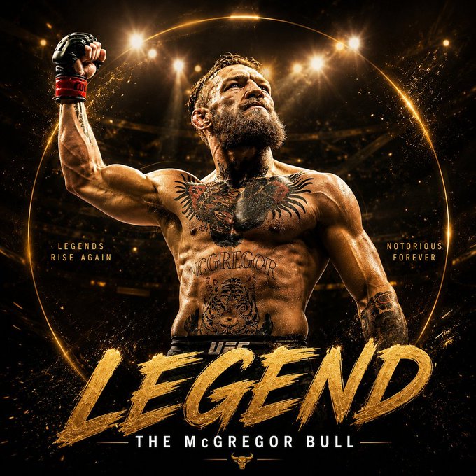 A shirtless tattooed fighter (resembling Conor McGregor) raises his fist triumphantly under arena lights, with prominent gold text reading "LEGEND - THE McGREGOR BULL" and smaller text "LEGENDS RISE AGAIN" and "NOTORIOUS FOREVER" flanking him—promotional imagery for the $LEGEND meme coin.