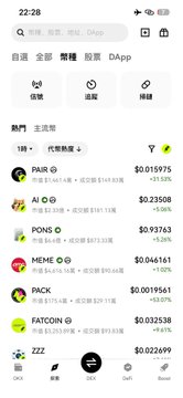 A mobile app interface displays a cryptocurrency price list with coins including PAIR, AI, PONG, MEME, PACK, FATCOIN, and ZZZ, showing values in dollars.