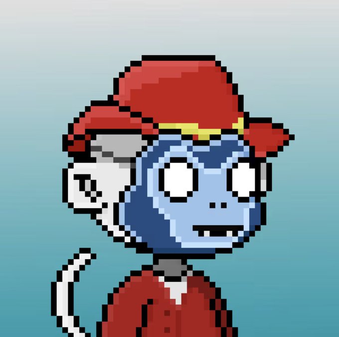 A pixel art illustration of a blue-skinned character with a stitched smile wearing a red hat with a gold trim, set against a plain teal background.
