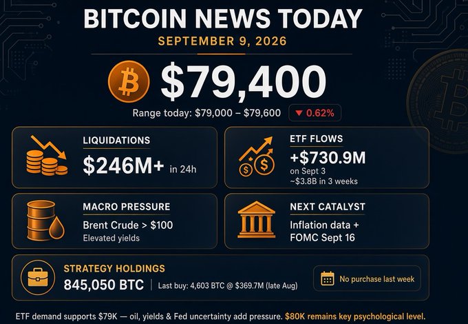A dark-themed 'Bitcoin News Today' infographic dated September 9, 2026, showing Bitcoin at $79,400, with data panels covering liquidations ($246M+), ETF flows (+$730.9M), macro pressure, next catalyst, and Strategy holdings (845,050 BTC).