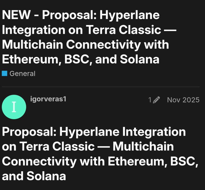 Forum post titled "NEW - Proposal: Hyperlane Integration on Terra Classic — Multichain Connectivity with Ethereum, BSC, and Solana" posted by user igorveras1 in November 2025.