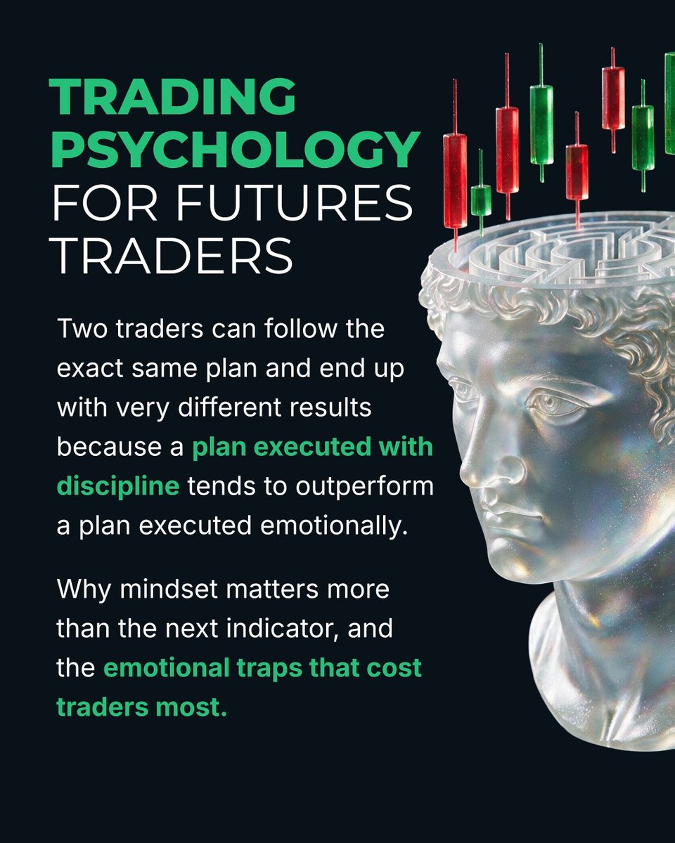 A Pinterest-style graphic titled 'TRADING PSYCHOLOGY FOR FUTURES TRADERS' featuring a metallic bust with a maze for a brain and candlestick chart pins, explaining that a plan executed with discipline outperforms one executed emotionally.