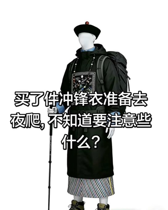 A mannequin wearing a black traditional-style hiking coat and hat with Chinese text asking about night hiking gear recommendations.