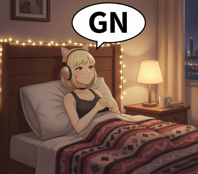 An anime-style illustration of a blonde girl with cat-ear headphones lying in bed saying 'GN' (good night) in a speech bubble.