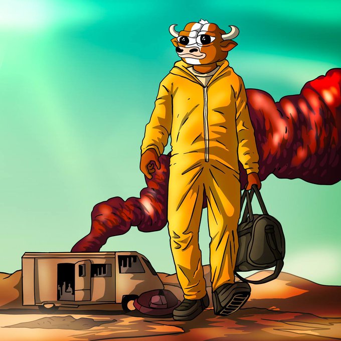 An illustration depicts an anthropomorphic bull wearing a yellow hazmat suit and carrying a black duffel bag, standing in a desert landscape near a smoking, destroyed vehicle and a large plume of red smoke.