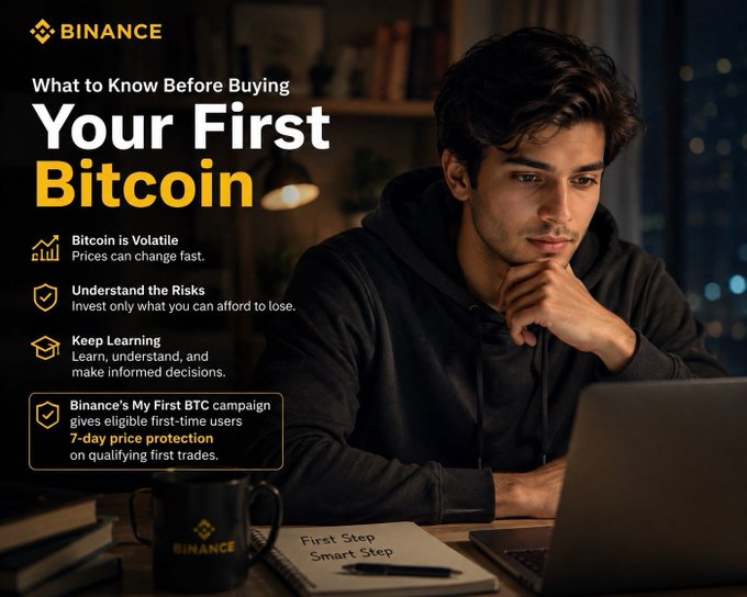 The image is a Binance promotional graphic titled "What to Know Before Buying Your First Bitcoin," featuring a young man thoughtfully looking at a laptop in a dimly lit room, with key points highlighting Bitcoin's volatility, understanding risks, and the importance of learning before investing. The graphic complements the post by visually reinforcing the uncertainty and thoughtful consideration that comes with making a first Bitcoin purchase, offering reassurance that beginners shouldn't feel overwhelmed or fear being "too late."