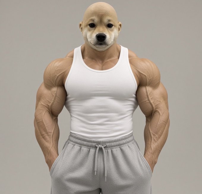 A muscular figure with a Chihuahua's head wears a white tank top and gray sweatpants, striking a bodybuilder pose — a humorous and absurd visual pairing that matches the post's "horny uncle" joke about a strikingly buff guy whose head doesn't quite match the rest of the vibe.