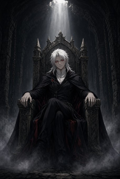 Dark fantasy artwork of a white-haired man with red eyes, dressed in black, seated on an ornate gothic throne illuminated by a shaft of light from above.