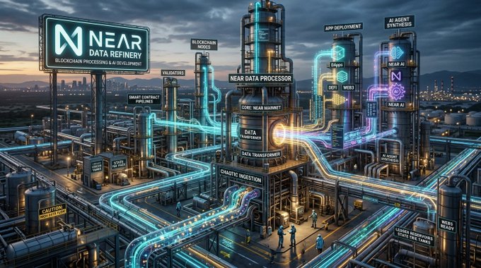 A futuristic cyberpunk-style digital illustration of a 'NEAR DATA REFINERY' with glowing blue pipes, industrial towers, and labels like 'BLOCKCHAIN NODES', 'NEAR AI', 'CORE NEAR MAINNET', 'DATA TRANSFER', and 'CHAOTIC INGESTION' set against a cityscape.