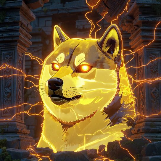 "Dogecoin", a popular digital currency, has been used as a reference for the image description. The main focus of the image is a depiction of a dog with an evil look on its face, possibly a wolf or a similar animal like the werewolf from mythology. The background features lightning bolts and some sort of ancient ruins structure, creating an atmosphere of mystery and suspense. These elements are combined to create a unique visual representation that draws attention and curiosity about the subject matter.