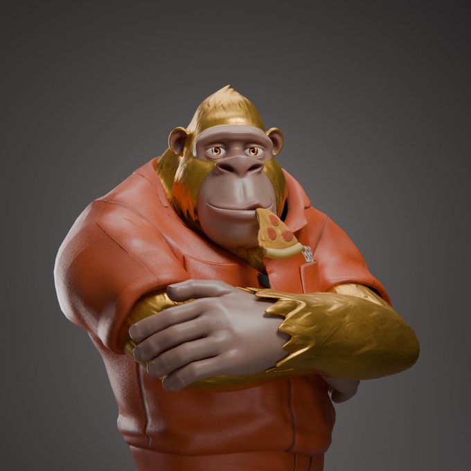 A 3D-rendered character of a monkey with golden-brown fur wearing an orange prison-style jumpsuit, holding a slice of pizza near its mouth with arms crossed.
