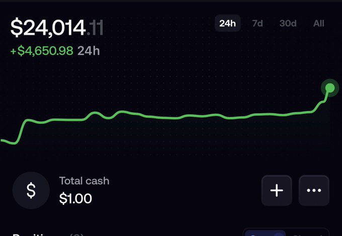 A Robinhood portfolio screenshot showing a balance of $24,014.11 with a $4,650.98 gain (+$4,650.98) over 24 hours, despite only $1.00 total cash—paired with a post boasting about trading performance and directing followers to a live trade-tracking site called WeeklyWizdom.com. The image serves as visual proof of the poster's claimed gains to promote their trading chat service.