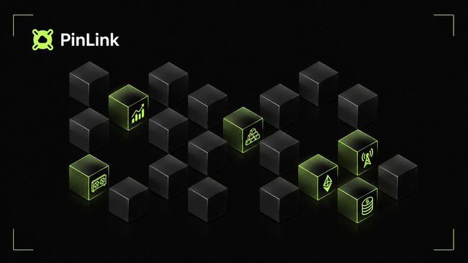 A dark promotional graphic for 'PinLink' featuring an array of black 3D cubes, with select cubes highlighted in green showing various technology icons like charts, servers, and databases.
