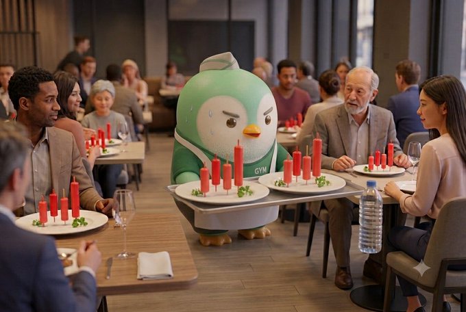 AI-generated scene of a restaurant where a penguin mascot wearing a bib labeled 'GYM' carries a tray of plates with red candles toward seated diners.