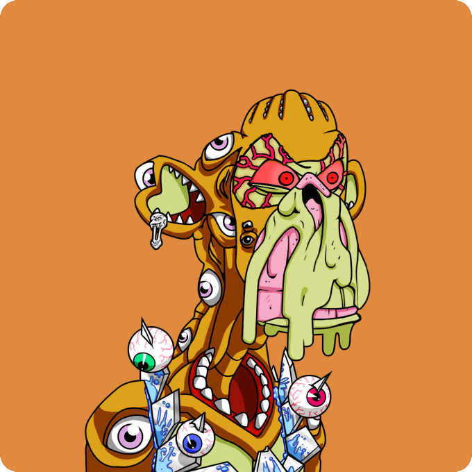 A colorful, surreal digital illustration of a grotesque creature covered in eyes and mouths with green slime against an orange background.