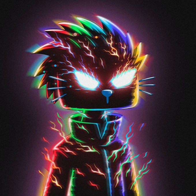 A stylized anthropomorphic cat character with glowing eyes and vibrant neon, rainbow-colored energy crackling across its dark silhouette, evoking the explosive growth and electrifying energy associated with the "$CETS" token reaching 1 billion.