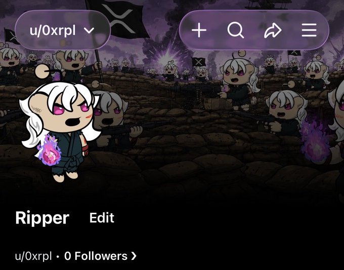 A Reddit profile banner for user 'u/0xrpl' with the display name 'Ripper' and 0 followers, featuring an anime-style chibi character in a battlefield scene with XRP flags.