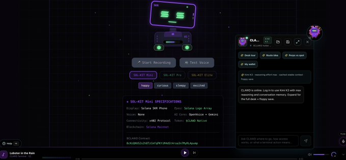 A dark-themed digital interface displays 'SOL-KIT Mini4' settings, including 'Start Recording' and 'Test Voice' buttons, alongside a chat panel with a 'CLA' bot user.