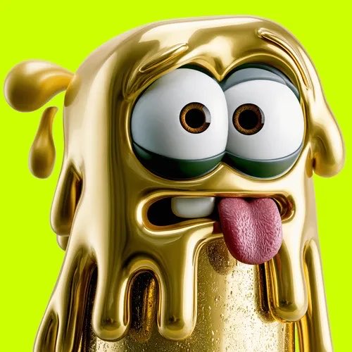 A 3D rendering of a shiny gold, gooey cartoon character with large bulging eyes and its tongue sticking out, set against a bright green background.