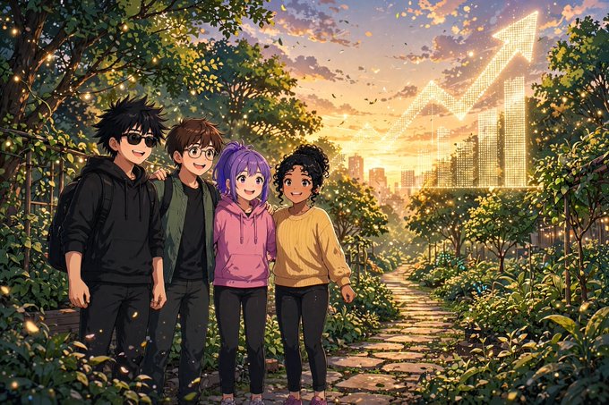 Four anime-style characters stand together on a stone path in a lush garden, with a glowing upward arrow chart and city skyline visible in the background at sunset.