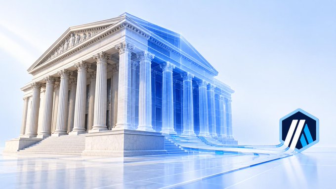 A digital illustration of a classical Greek-style temple with columns, split between solid stone and glowing blue wireframe rendering, featuring a hexagonal logo with an 'A' in the bottom right corner.