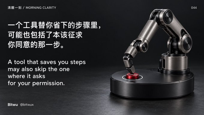 An advertisement graphic displays a robotic arm pressing a red 'CONFIRM' button next to the text: 'A tool that saves you steps may also skip the one where it asks for your permission' by Bitwu (@bitwux), labeled 'MORNING CLARITY 044'.