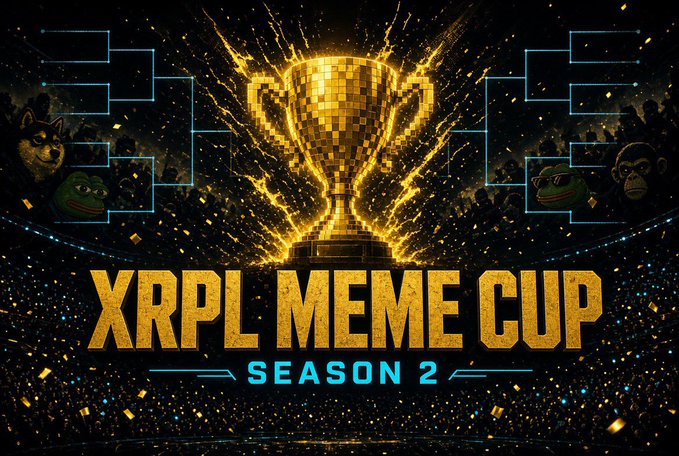 Promotional graphic for 'XRPL MEME CUP SEASON 2' featuring a golden pixelated trophy, tournament brackets, and meme character icons including Shiba Inu, Pepe, and others on a dark sparkling background.