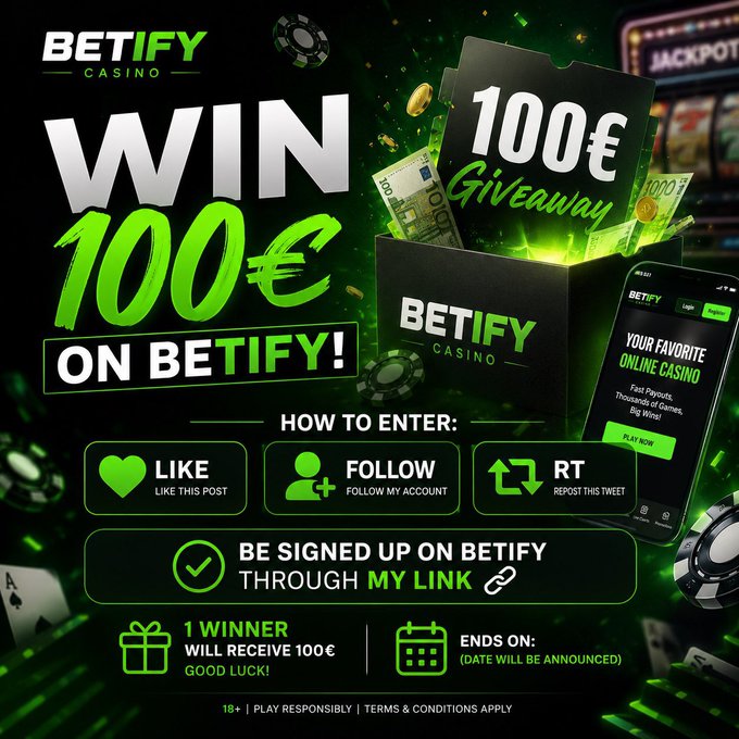 The image features a green background with text that reads "100€ in 100€ GIVEWAY" and "Win 100€ on Betify!". The text also includes a link to a website, which appears to be related to the Casino industry. The main focus of the image is a cell phone placed near the bottom right corner.