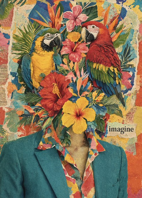A colorful mixed-media collage artwork showing a figure in a blue blazer and patterned shirt whose head is replaced by a lush arrangement of tropical flowers, leaves, and two parrots, with the word 'imagine' on a small label.