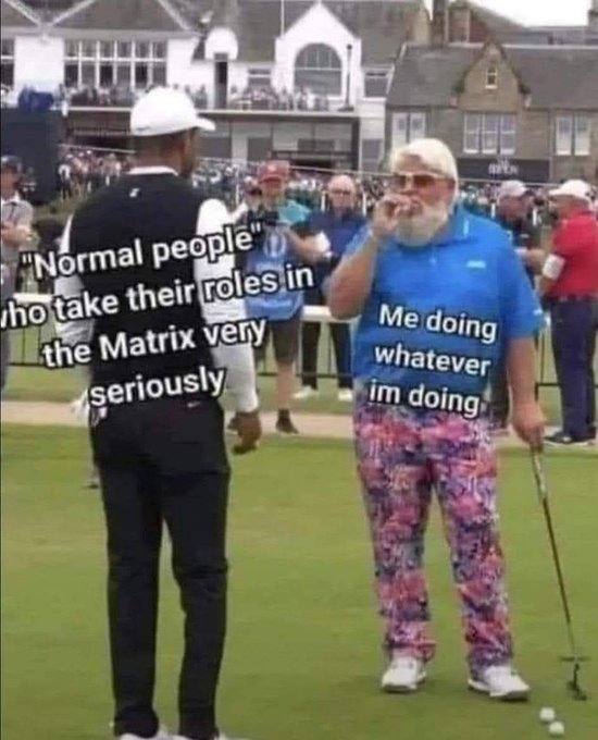 A meme comparing two men at what appears to be a golf tournament, contrasting a focused player in dark attire ('Normal people who take their roles in the Matrix very seriously') with a man in a blue shirt and floral pants smoking ('Me doing whatever im doing').