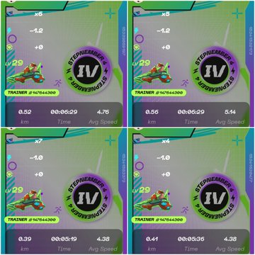 A four-panel composite of augmented reality running statistics showing distance (0.52km, 0.56km, 0.39km, 0.41km), times, and average speeds with a Pokémon Trainer ID #676544300 and a Stepicons achievement badge.