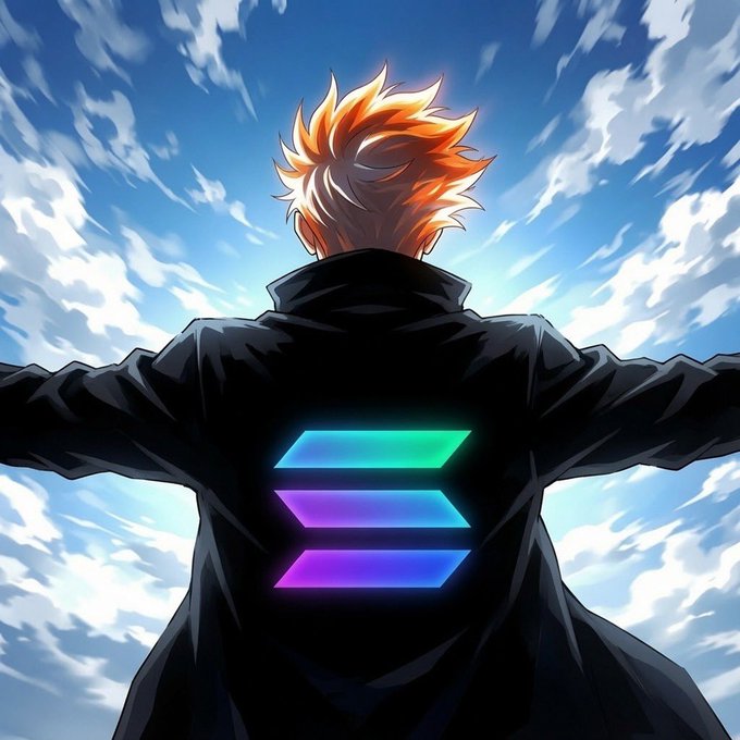 An anime-style illustration showing a character with spiky orange hair viewed from behind, wearing a black coat with a glowing purple and cyan striped emblem on the back, arms outstretched against a blue sky with clouds.
