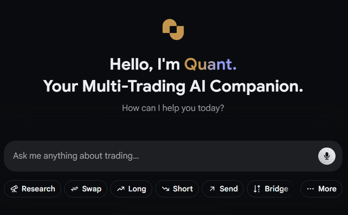 A chatbot interface for "Quant" described as a "Multi-Trading AI Companion" with options for Research, Swap, Long, Short, Send, Bridge, and More.