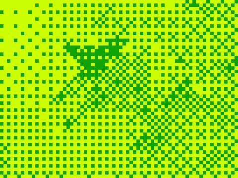A yellow and green pixelated/halftone graphic art piece.