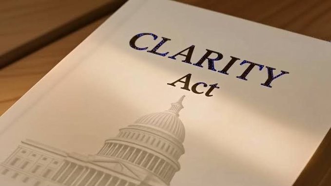 A close-up view of a document titled "CLARITY Act" resting on a wooden surface, featuring an illustration of the U.S. Capitol dome. The image visually reinforces the accompanying post about the White House's review of the Cryptocurrency Clarity Act, symbolizing the legislative process behind upcoming crypto regulation news.