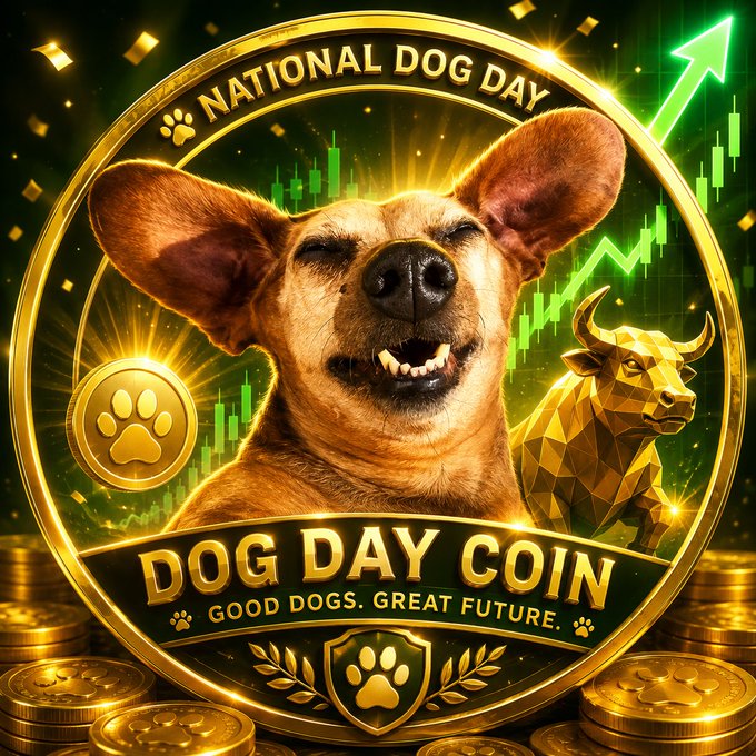 A gold coin graphic featuring a smiling dog with the text "NATIONAL DOG DAY," "DOG DAY COIN," and "GOOD DOGS. GREAT FUTURE." alongside a bull figurine and rising green chart.