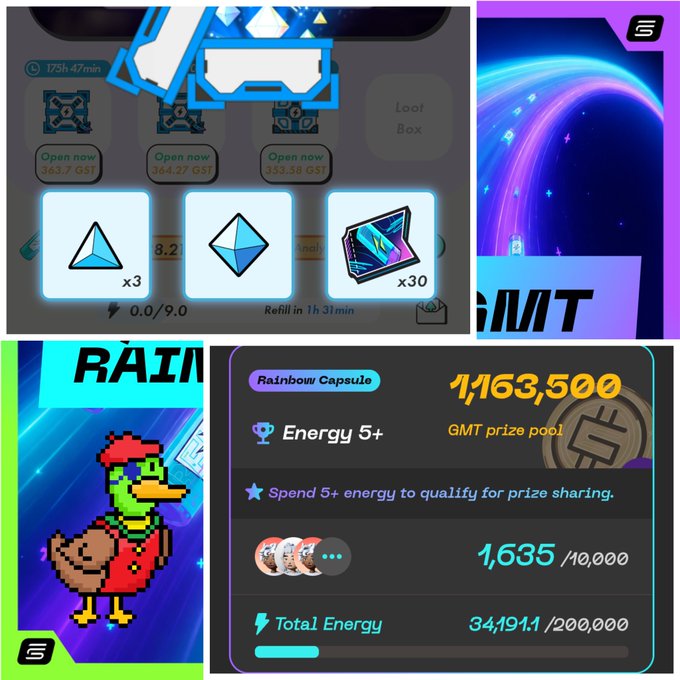 A collage of screenshots from a gaming/app interface showing loot boxes (openable for GST), GMT token rewards, a pixel-art duck character in red, and a 'Rainbow Capsule' prize pool of 1,163,500 GMT requiring 5+ energy.